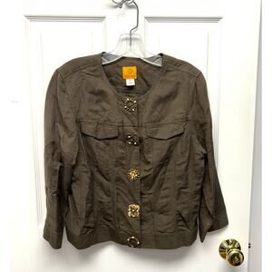 Ruby Rd Jacket, Brown Linen Blend Shirt Lightweight, Bead Snaps, Size 10 Layer